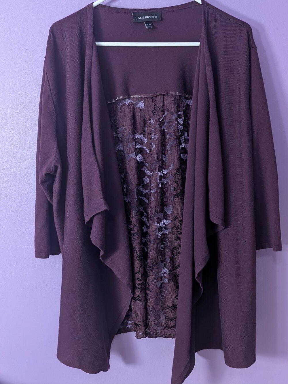 Lane Bryant Women's 3x Open Front Plum Cardigan With Lace Back Size 22/24